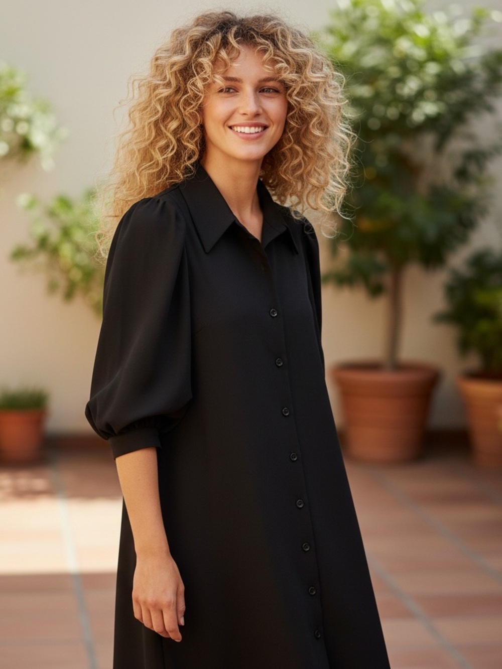 Calvin Klein Black Button-Front Midi Dress with Distinctive Puff Sleeves Size 10
